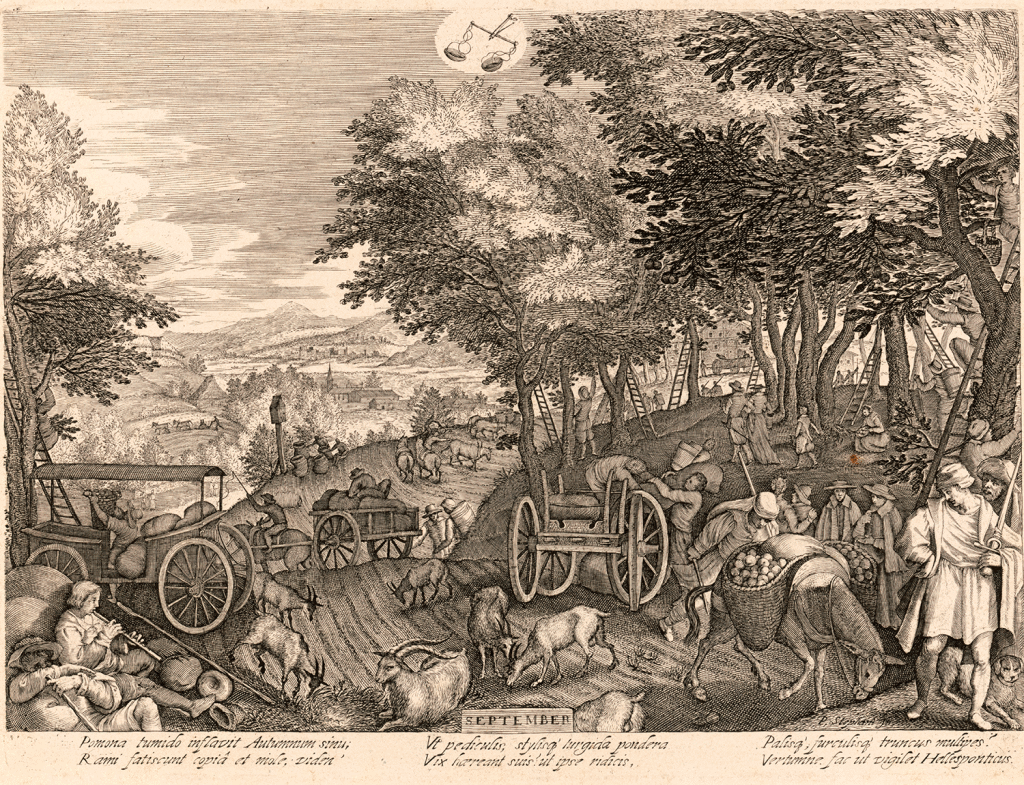 Calendar illustration for the September, 1607. People picking fruit, goats grazing, goatherds or travelers resting, and farmers plowing fields, with distant view of a village. Engraver: Ægidius Sadeler. Artist: Pieter Stevens. Location unknown. Library of Congress: 2017650429.