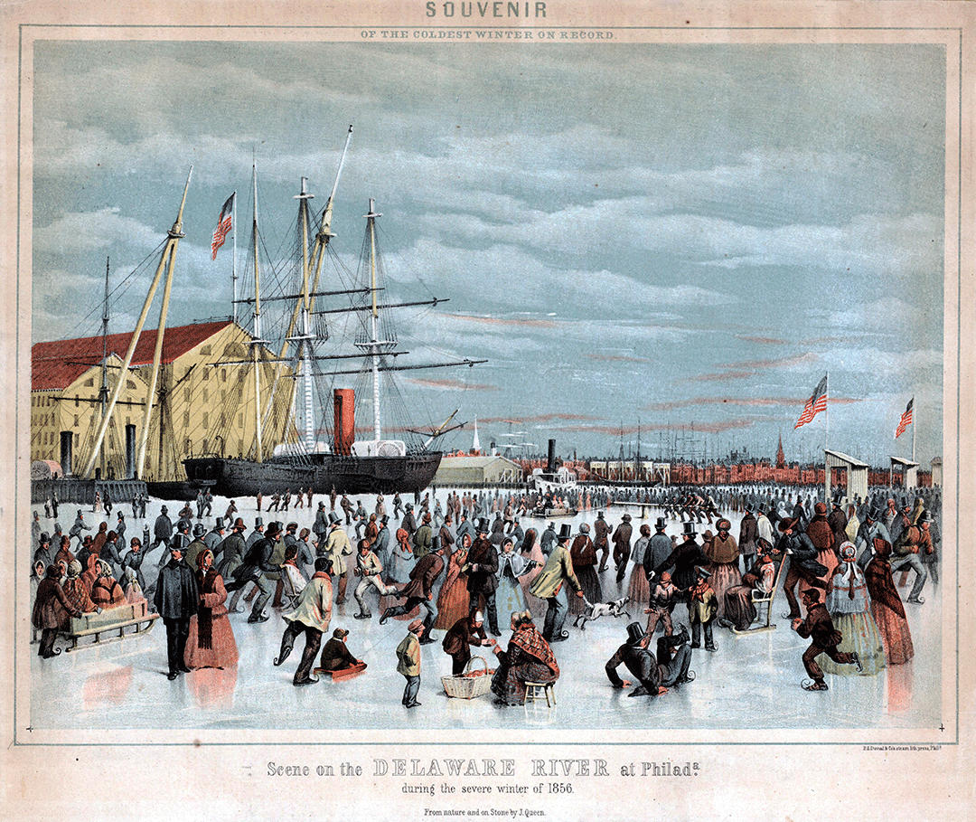 James Fuller Queen. Souvenir of the Coldest Winter on Record. Scene on the Delaware River at Philadelphia during the Severe Winter of Pennsylvania, 1856. LOC:2021670393.