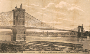 John A. Roebling Bridge, Covington, Kentucky to Cincinnati, Ohio, 1868. Jos. A. Williams, engraver. LOC: 2003681626.