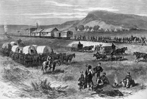 Lon and Ell headed 1,343 miles west to Kansas which offered work on railroads, ranches, stores, and farms. Railroad building on the great plains, 1875. Artist: Alfred R. Waud. Harper’s Weekly, v.19, no. 968 (July 17, 1875), p. 577. Library of Congress Prints and Photographs Division: 2003663113.