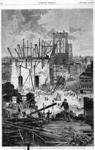 Demolition of buildings for the NY approach to the East River Bridge. Harper's Weekly, November 1877. LOC: 90715542.