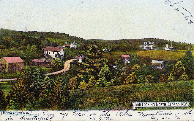 Looking North to Eldred, 1906. Methodist Church on the left; Congregational Church on the right.