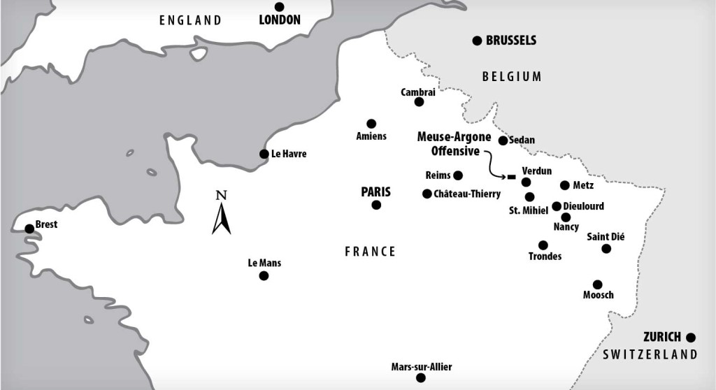 Map of France. Brest is where McKinley's outfit Map of France. Brest is where McKinley’s outfit landed. Château-Thierry, Saint Dié, St. Mihiel, Verdun, Cambrai, Sedan, and the Meuse-Argone Offensive are mentioned in Chapter 11. Map: Gary Smith.