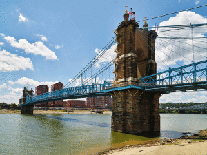 The John A. Roebling Suspension Bridge over the Ohio River, connecting Covington, Kentucky and Cincinnati, Ohio.  Carol M. Highsmith, photographer. LOC: 2020722203.
