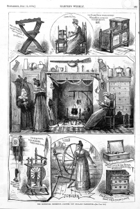 Eight illustrations depicting a New England farmhouse replica on exhibit at the Centennial Exposition of 1876. Wood engraving: F.S. Church; Illustration: Harper’s Weekly, July 15, 1876, p. 585; Library of Congress: 3c02852.