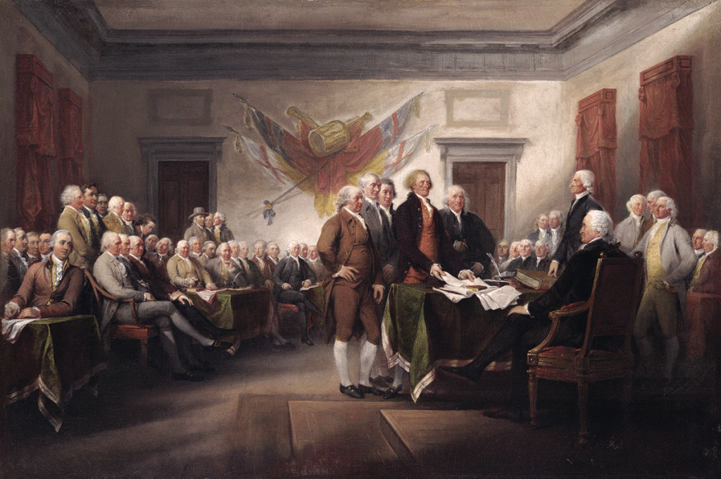 Declaration of Independence drafting committee: John Adams, Roger Sherman, Robert Livingston, Thomas Jefferson, and Benjamin Franklin presenting their work to the Continental Congress, July 2, 1776. John Trumbull, artist. Oil on canvas, 1819. Yale University Art Gallery: Trumbull Collection: 1832.3.