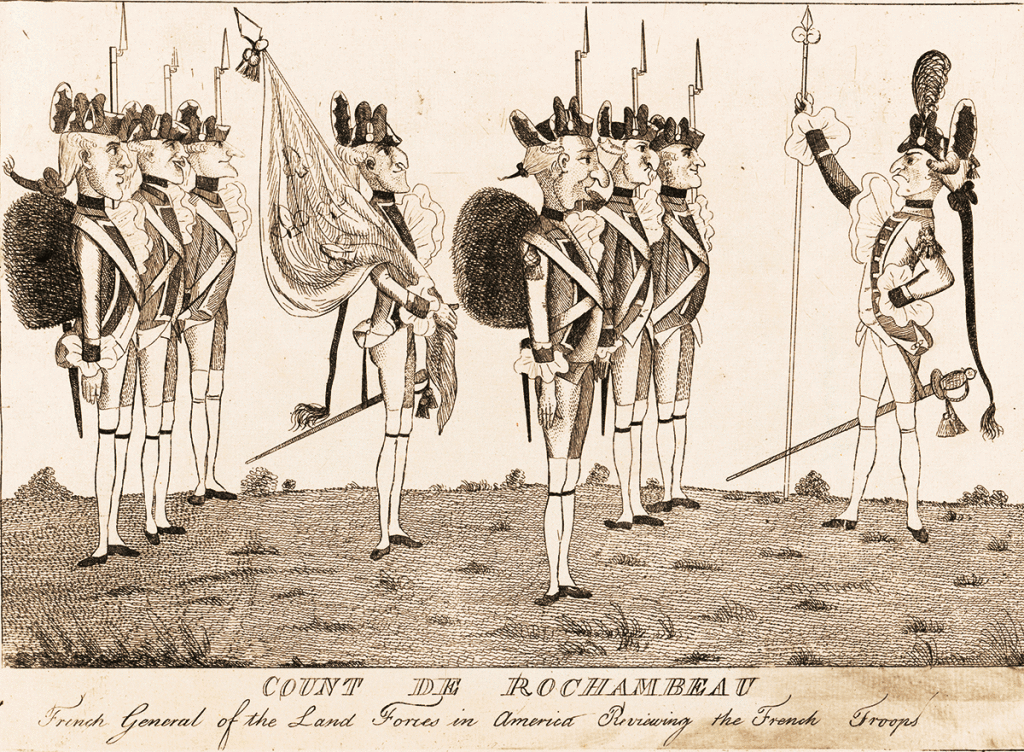 Count de Rochambeau, French general of the land forces in America reviewing the French troops, British Cartoon, 1780. LOC: 2004673388.