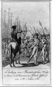 The disembarkation of French troops, under the command of Comte de Rochambeau, at Newport, Rhode Island, one of twelve scenes depicting the history of the American Revolution. Artist and Engraver: Daniel Chodowiecki. LOC: 2004670207.