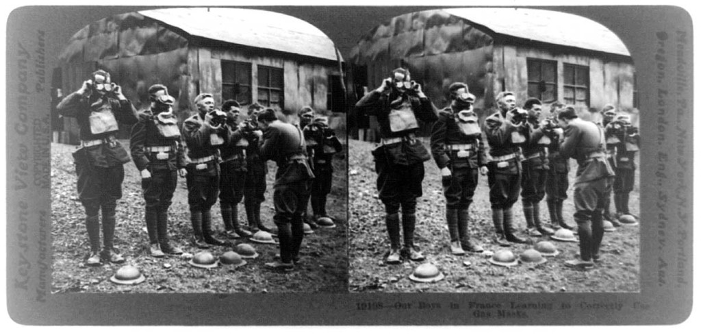 Our boys in France learning to correctly use gas masks. Photo: Library of Congress: Keystone View Company, LC-USZ62-92733.