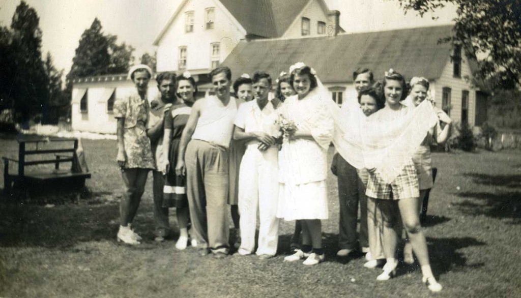 The bride Florence Schmerfeld (standing by one of Disney’s Snow White dwarves) took part in a “Mock Wedding,” one of the many fun social activities at Green Acres. A fellow guest was the groom in the “wedding” of August 1941. Courtesy of the Bosch Family.