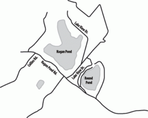 Hagan Pond (Highland Lake) and Round Pond (Lake DeVenoge). Halfway Brook Village (Eldred) to the west. Map: Gary Smith.