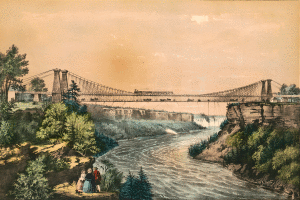 The Railroad suspension bridge near Niagara Falls. John A. Roebling, engineer. Currier & Ives, 1856. LOC: 2001703754.