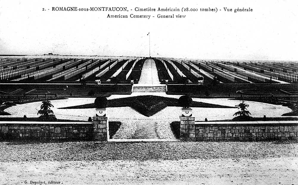 Crosses in the Romagne-sous-Montfaucon Cemetery where McKinley Austin was buried initially. 1923 postcard in Aida Austin Collection.