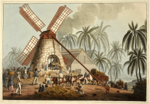 The Mill Yard. Grinding sugar cane in a windmill, on the Island of Antigua. Artist: William Clark, published by Thomas Clay, London, 1823. British Library: 1786.c.9, plate V. Public Domain.