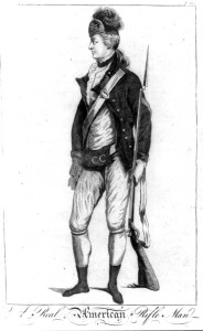 British version of an American rifleman wearing a military uniform. Illus. in: An impartial history of the war in America, between Great Britain and her colonies, from its commencement to the end of the year 1779… London & Carlisle: Printed for R. Faulder, 1780, v. 1, p. 212. The American Revolution in drawings and prints; a checklist of 1765-1790. Library of Congress Rare Book and Special Collections Division: 3a45452.