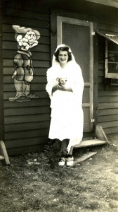 The” bride” Florence standing by one of Disney’s Snow White dwarves. Photo courtesy of the Bosch Family.