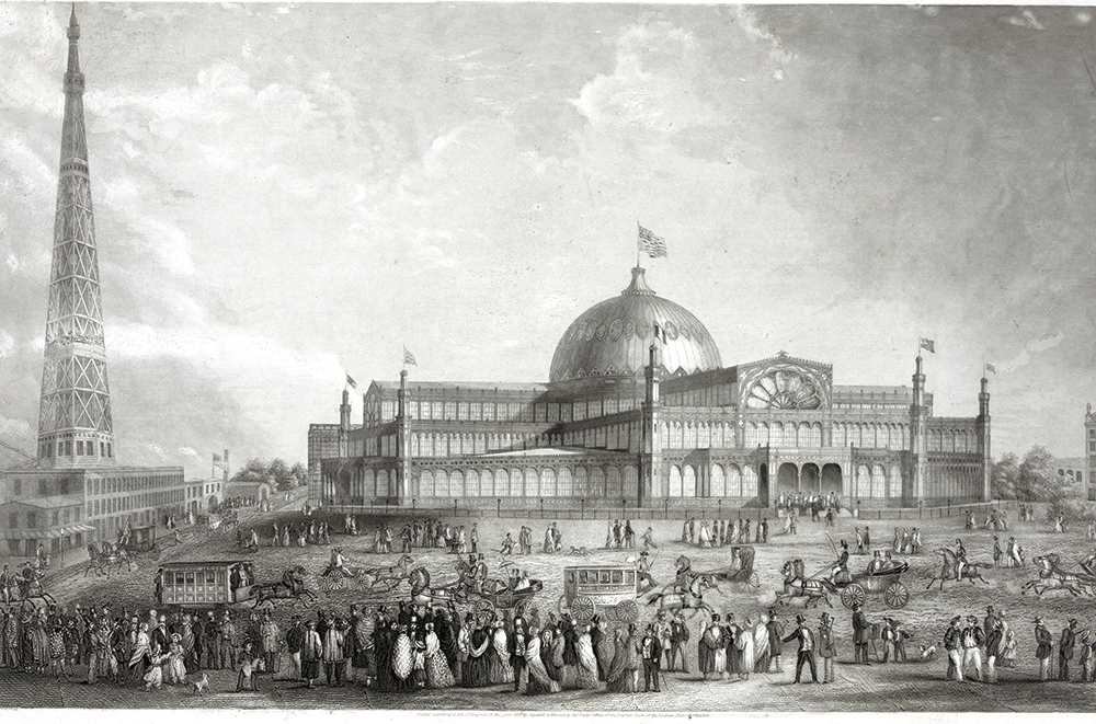 The Crystal Palace with the Latting Observatory, 1853. The view from the Latting Observatory telescope at 300 feet, included Queens, Staten Island, and New Jersey. Etching & engraving: Capewell & Kimmel. Library of Congress Prints and Photographs Division: 03602.