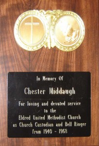 Plaque in Methodist Church honoring service of Chester Middaugh, who had clambakes each summer at his place.