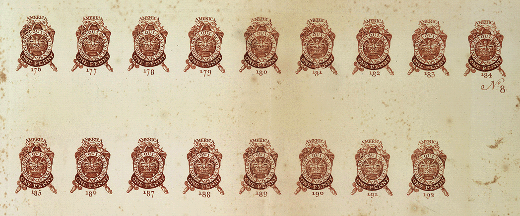 Penny stamps on the proof sheet for the 1765 Stamp Act. The design consists of a mantle; St. Edward’s Crown encircled by the Order of the Garter; a scepter and sword. Created by the United Kingdom Government, 10 May 1765. Public Domain.