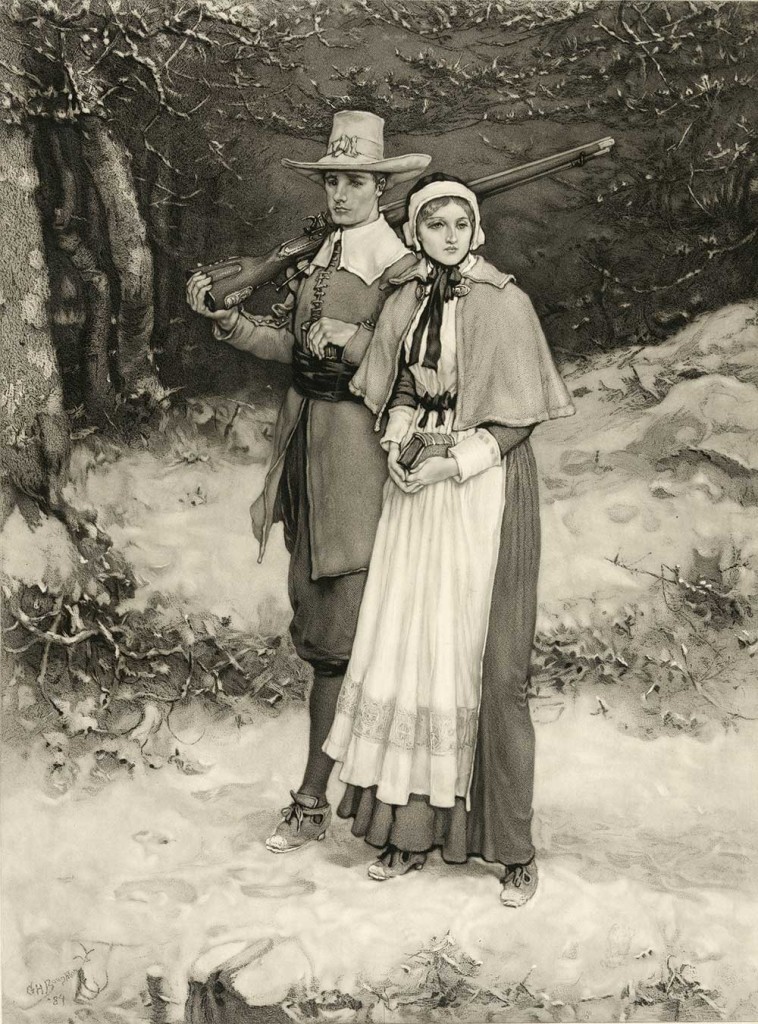 Mezzotint of a Puritan husband and wife walking through snow on their way to Meeting. He carries a rifle, she a Bible. Engraver: Thomas Gold Appleton; Artist: George Henry Boughton; 1884, c1885 March 31. Library of Congress Prints and Photographs Division: 00038.