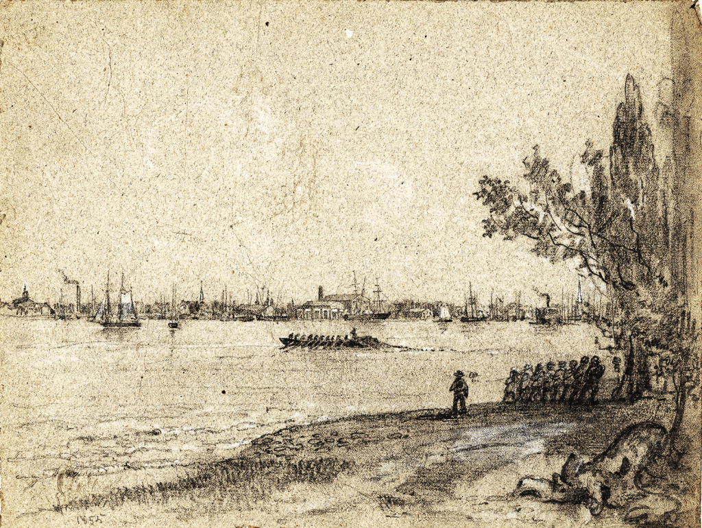 Men in a long rowboat are drawing a net across the inlet, to enclose a school of shad. Artist: James Fuller Queen, 1855. Library of Congress: 40743.