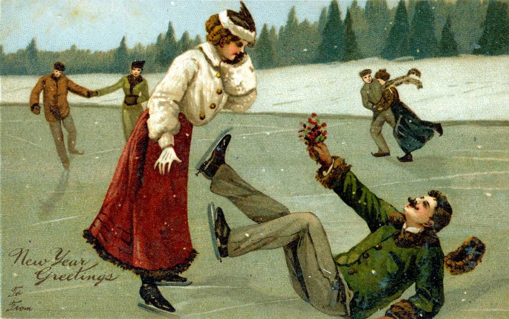 Ice Skating into the New Year. Old postcard in Austin Collection.