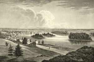 View looking across the Hudson River; Troy, New York is on the left. Artist: William Guy Wall; Engravers: John Rubens Smith and John Hill; Publisher: H.I. Megarey & W.B. Gilley, Charleston, S.C., between 1821 and 1825. Library of Congress Prints and Photographs Division: 2009633821.
