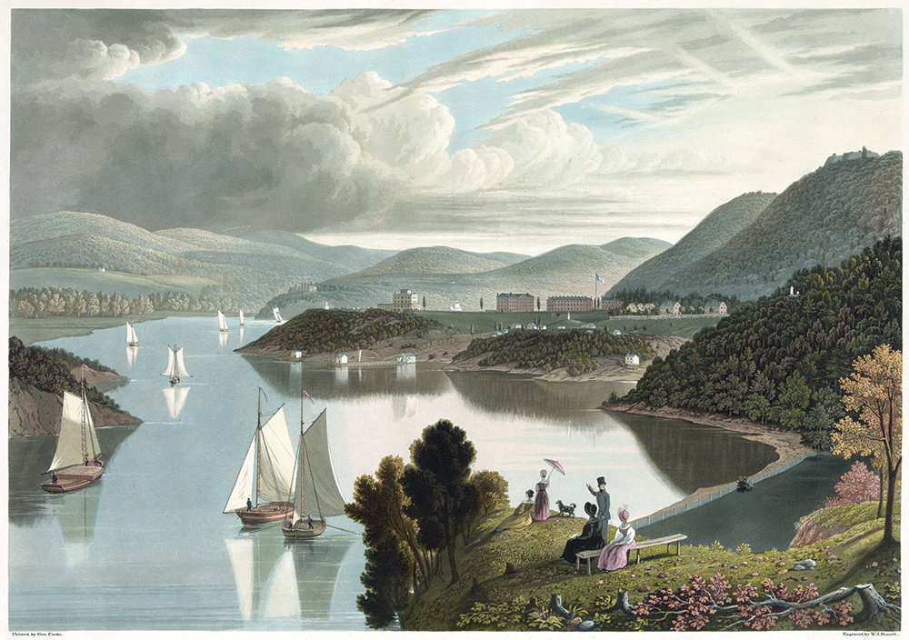 Overlooking sailboats on the Hudson River. West Point (ten miles south of Newburgh) and mountains in the background. Painter: Geo. Cooke; Engraver: W.J. Bennett; Publisher: Parker & Clover, New York, c.1834. Library of Congress Prints and Photographs Division: 00210.