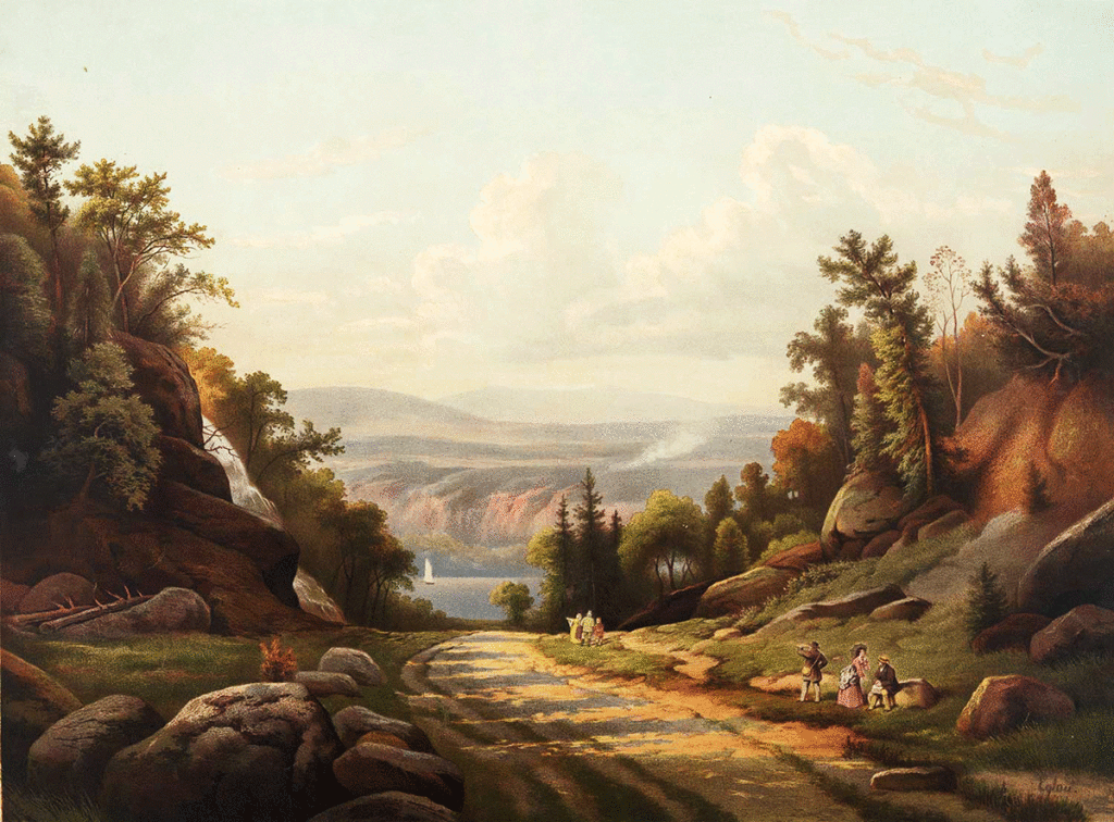 Sunday afternoon travelers rest on West Point Road, a dirt road through a mountainous region with a distant view of a river or lake. Artist: Eglau; Publisher: Kaufmann, c.1873. Chromolithograph; Library of Congress Prints and Photographs Division: 01727.