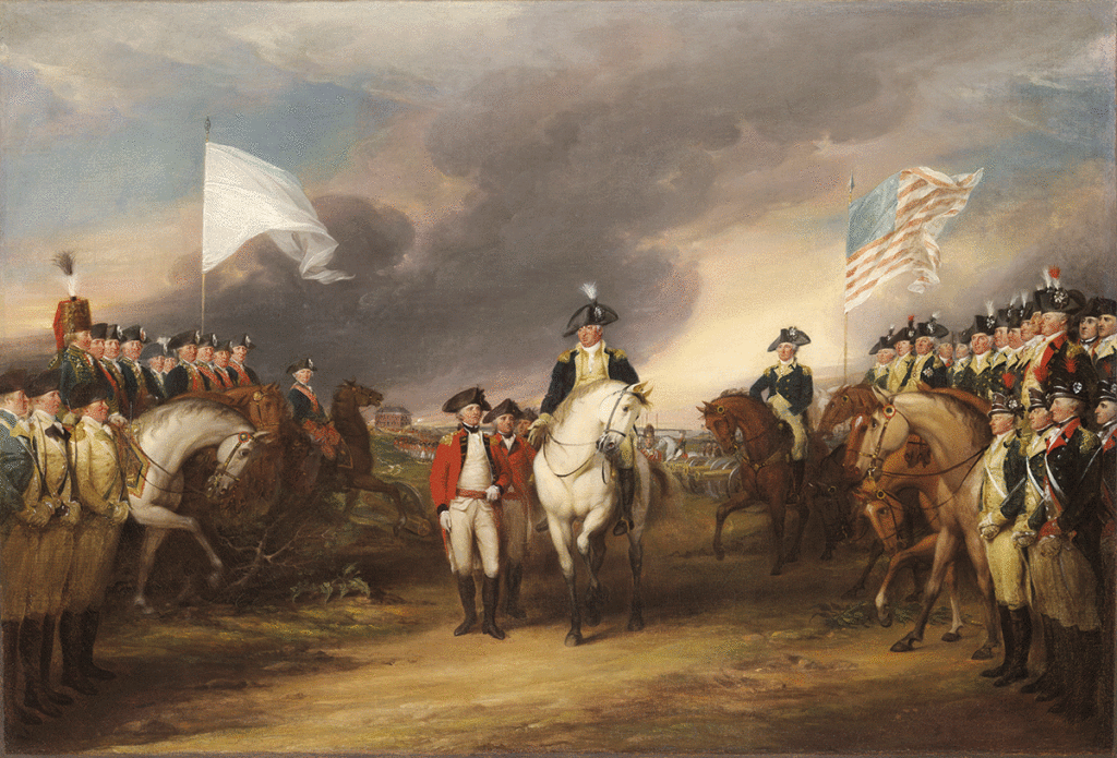 The Surrender of Lord Cornwallis at Yorktown, October 19, 1781. The larger oil on canvas by John Trumbull hangs in the U.S. Capitol Rotunda. The smaller painting (completed around 1828) shown here: University Art Gallery, Trumbull Collection 1832.4; 79. Public Domain; www.aoc.gov.